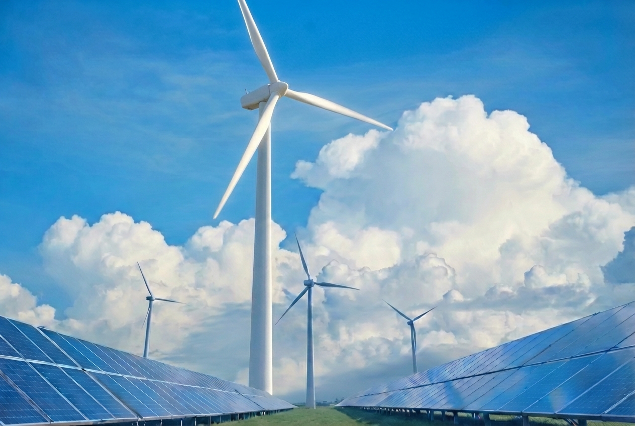 再生可能エネルギー - 風力発電と太陽光パネル